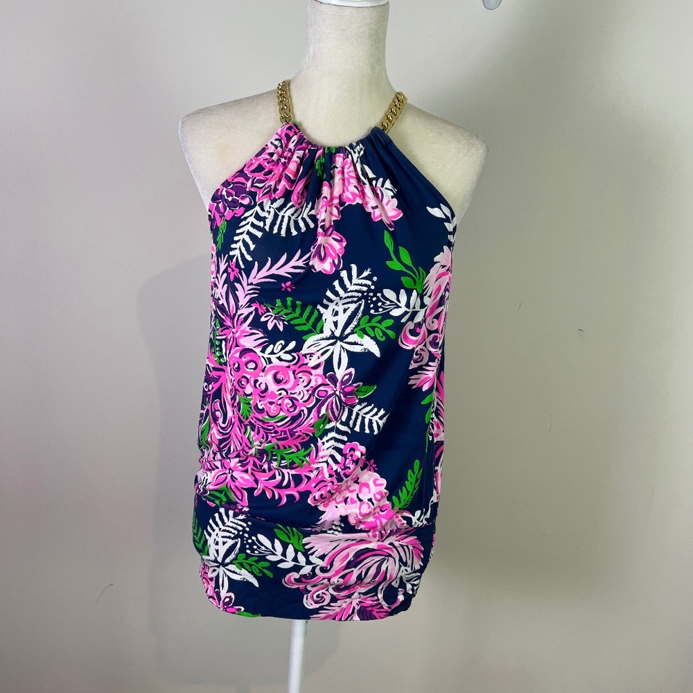 Lilly Pulitzer Women’s Navy and Pink Floral Gold Chain Halter Tank Top